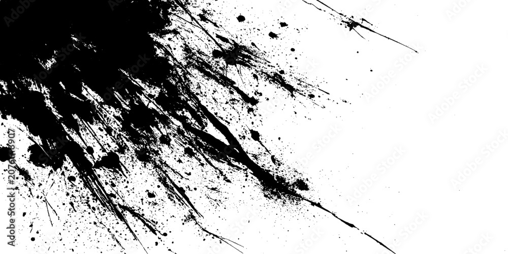 Obraz premium Abstract black ink splatter on a white background, creating a dynamic and expressive artistic pattern.