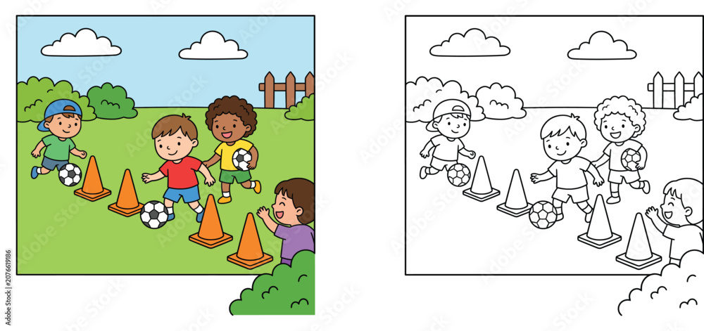 Fototapeta premium Kids playing soccer coloring page with color sample. Cartoon children training football on a grass field with cones, outline vector illustration for educational activity book.
