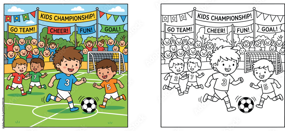 Fototapeta premium Kids playing soccer coloring page with colored template, children football championship cartoon vector illustration, outline and color activity sheet of boys playing soccer match