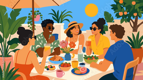 Friends gathered around a festive outdoor brunch table surrounded by potted plants and bright sunshine, a vibrant flat vector illustration ideal for lifestyle, hospitality, and social dining brands
