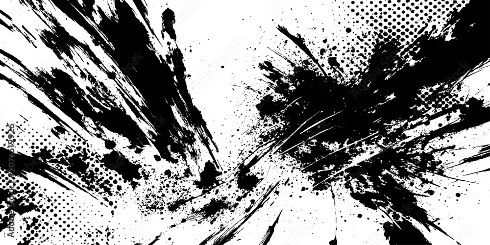 Fototapeta premium Abstract black ink splatters and dynamic brushstrokes create a chaotic yet artistic composition, suggesting energy and movement against a stark white background.