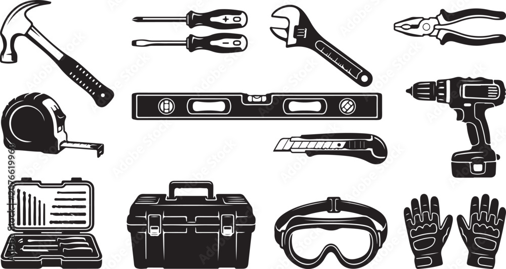 Fototapeta premium A collection of black and white construction tools including a hammer, screwdrivers, adjustable wrench, pliers, tape measure, spirit level, utility knife, power drill, toolbox, goggles, and gloves