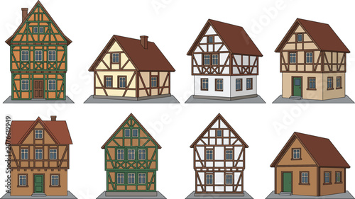 Schilderij op canvas Collection of traditional European half-timbered houses cartoon vector illustrat