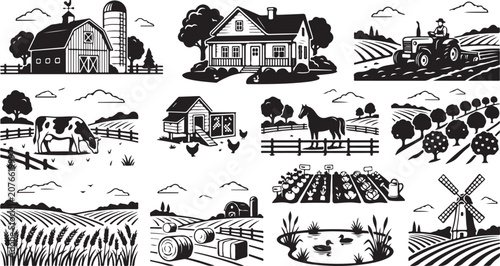 Bild auf Leinwand A collection of black and white farm featuring a barn, farmhouse, tractor, cow,