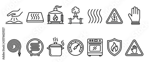 Set of heat and temperature icons representing safety, fire, steam, and cooking equipment like a furnace, stove, pot, and gauge, presented in a clean, minimalist line art style