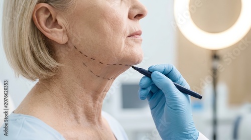 A medical consultation for severe neck skin laxity and platysmal banding featuring surgical marking.