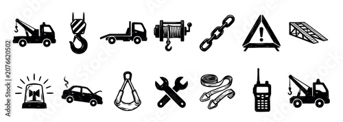 Hand-drawn black icons set for roadside assistance and vehicle recovery services, featuring a tow truck, winch, hook, and emergency symbols in a simple doodle sketch style illustration