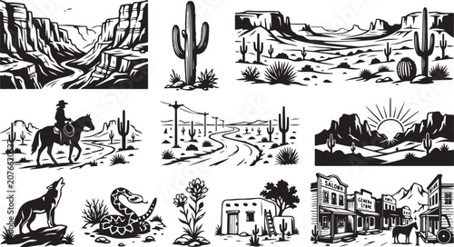Foto Set of black and white american southwest desert featuring canyons, saguaro cact