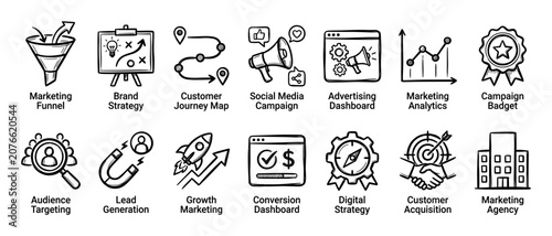 Collection of hand-drawn marketing icons representing business concepts like strategy, funnel, analytics, lead generation, and customer acquisition in a simple black and white doodle style