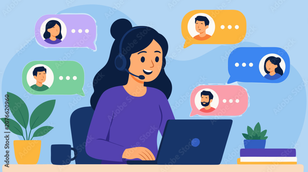 Fototapeta premium A woman wearing a headset managing multiple customer chat conversations as glowing speech bubbles float around her, ideal for customer support and communication service concepts, clean flat vector ill