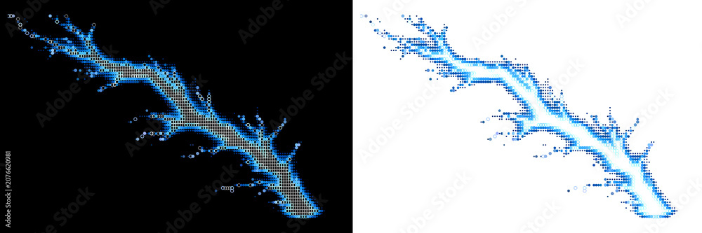 Obraz premium Abstract lightning bolt shape composed of halftone blue and white circular dots on black.