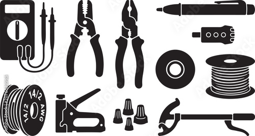 Konstfotografi Set of black silhouette representing electrical tools, including a multimeter, w