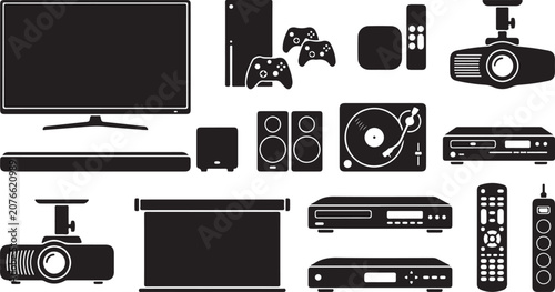 Fotografie Set of black silhouette representing home entertainment electronics, including a