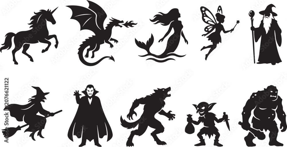 Obraz premium Set of ten black silhouettes featuring fantasy creatures including a unicorn, fire-breathing dragon, mermaid, fairy, wizard, witch on a broomstick, vampire, werewolf, goblin, and a troll