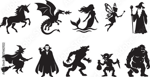 Fotografia Set of ten black silhouettes featuring fantasy creatures including a unicorn, fi