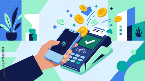 Mobile wallet payment with a smartphone tapping a terminal and floating coins in a modern blue and mint color scheme, a clean flat vector illustration on a light background for fintech and digital pay