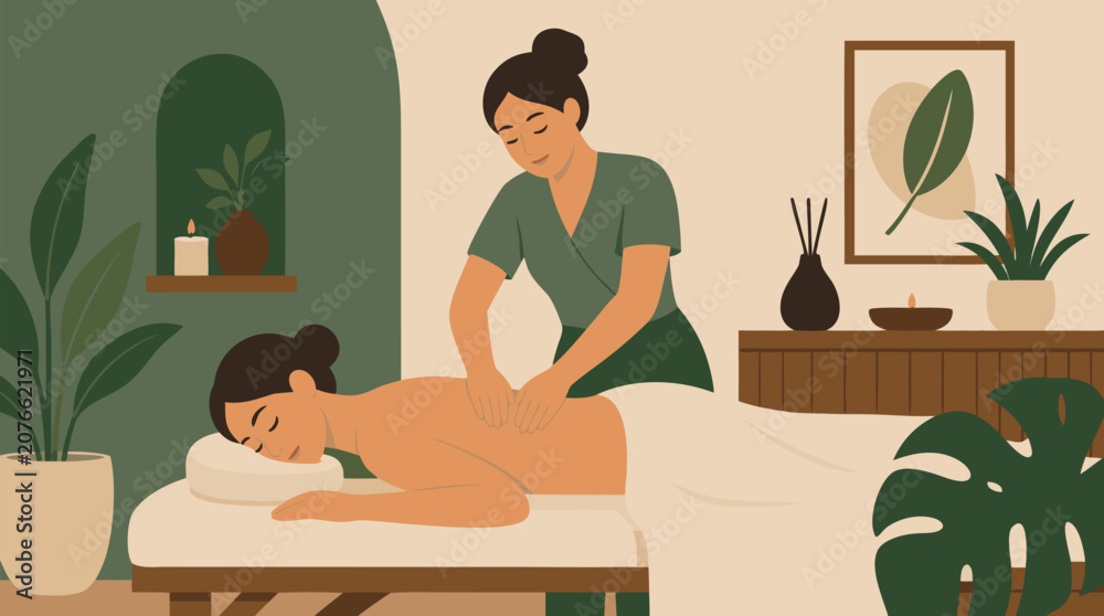 Fototapeta premium Clean flat vector illustration on a light background showing a therapist giving a back massage in a calm spa room, suited for wellness, beauty, and relaxation marketing.