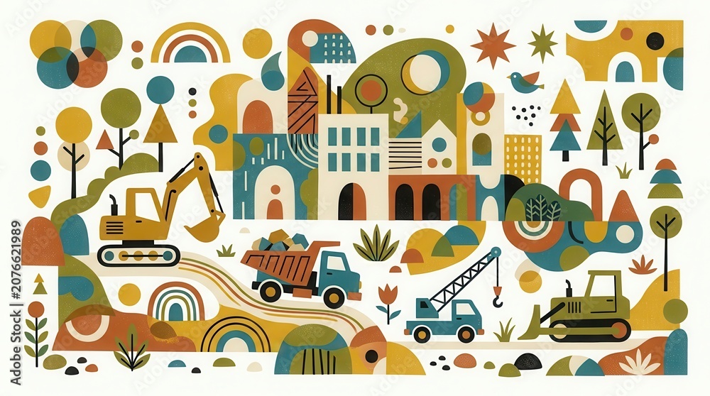 Naklejka premium Stylized excavator, dump truck, crane, and bulldozer work within a vibrant urban landscape