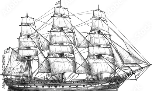 Foto Hand Drawn Vintage Sailing Ship Vector Illustration with Detailed Rigging and Fu