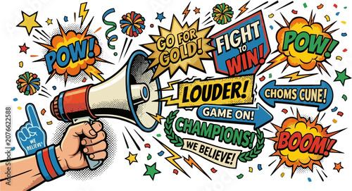 Tableau sur toile Pop Art Megaphone Sports Cheer Vector - Go For Gold Fight To Win Champions We Be