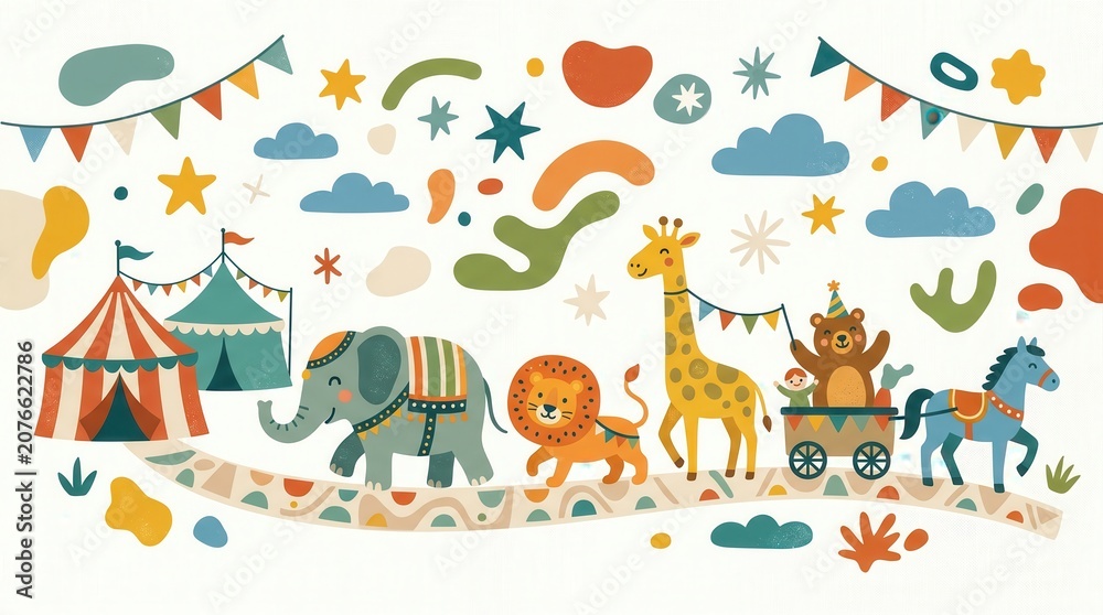 Fototapeta premium Cute animals parade past colorful circus tents with bunting under stars and clouds