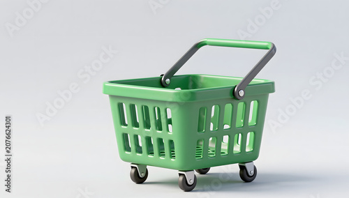 Green Shopping Cart on Gray Background