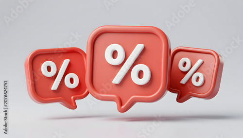 Percentage Icons in Speech Bubbles: Three red speech bubble icons, each displaying a white percentage symbol, float in a stylized arrangement against a neutral background.