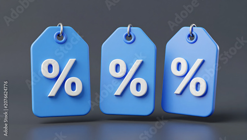 Discount Tag Trio: Three blue discount tags, each emblazoned with a white percentage symbol, are presented in a clean, modern arrangement, signifying savings and special offers.