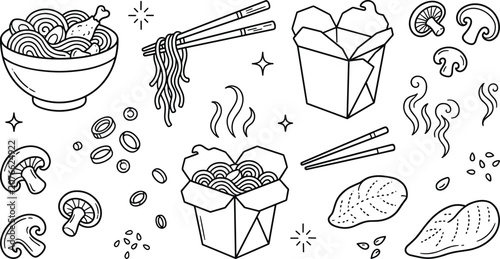 Bild auf Leinwand Asian noodle doodle vector set with chinese takeout boxes chopsticks mushrooms r
