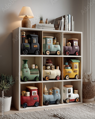 Cozy kids room with shelving unit with toys