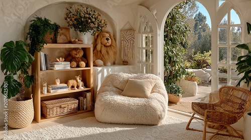 Cozy kids room with shelving unit with toys