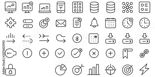 Business management and analytics thin line icons set for web dashboards and project reports files
