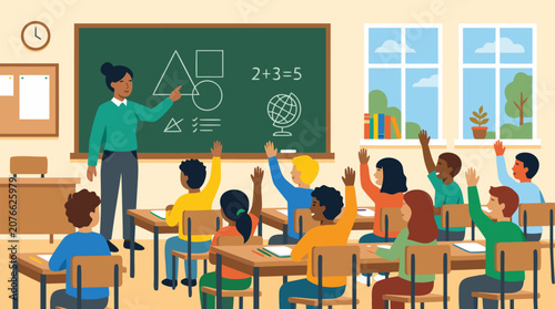 A clean flat vector illustration on a light classroom background shows a teacher at a chalkboard with students raising hands, useful for education ads.