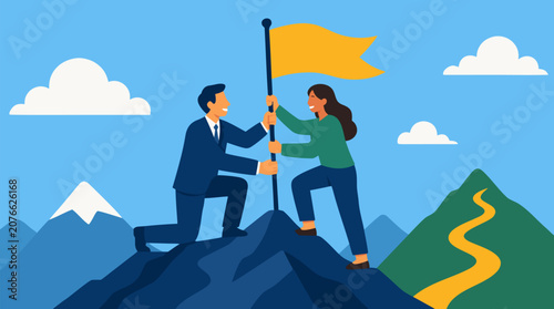A banker and client celebrating together as they plant a flag on a symbolic savings goal mountaintop, a flat vector illustration representing financial achievement, goal setting, and wealth milestone 