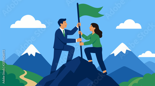 A banker and client triumphantly planting a flag together at the top of a symbolic savings goal mountain peak, a flat vector illustration celebrating financial planning success and collaborative wealt