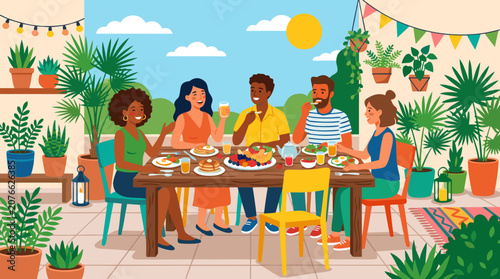 A lively outdoor brunch gathering with friends seated among vibrant potted plants bathed in warm sunshine, captured as a cheerful flat vector illustration on a light background, ideal for social lifes