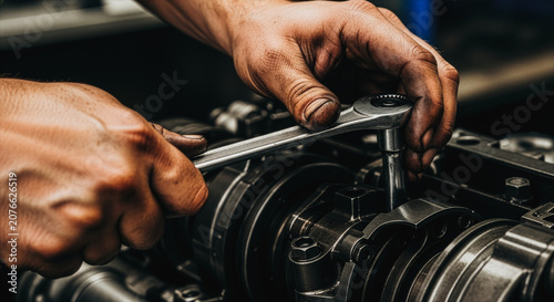 Industrial engine repair by mechanic using socket wrench, close-up hands