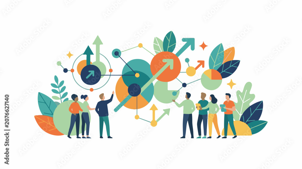 Fototapeta premium Diverse group collaborates on a colorful abstract data visualization with upward trends