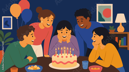 Friends joyfully gathered around a glowing birthday cake full of candles in a warmly lit room in a fun flat vector illustration, great for birthday, celebration, and social gathering commercial projec