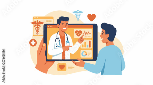 A doctor and patient engaging in a virtual consultation through a tablet