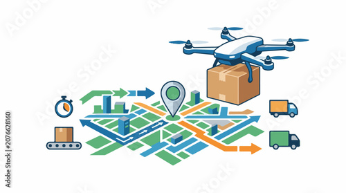 A drone carries a box over a map with roads and buildings