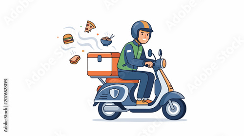 A delivery person riding a scooter with a box and food