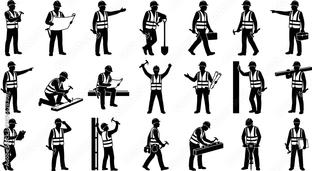 Obraz premium Construction worker silhouette vector collection with builders reading blueprints and using hand tools for industrial safety infographic design