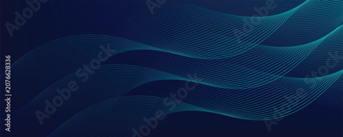 Abstract dark blue tech background with flowing digital wavy lines.