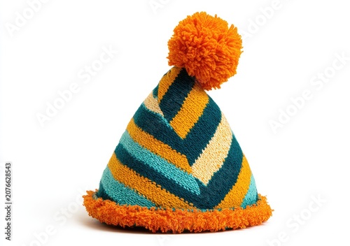 Handmade Knitted Striped Party Hat with Pom Pom.