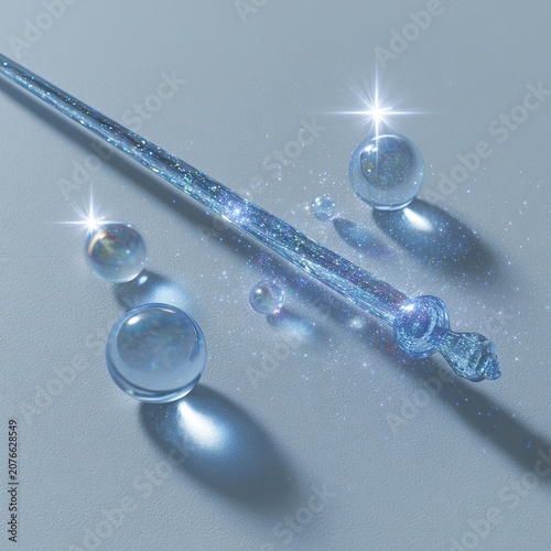 Magical Blue Crystal Wand with Sparkling Spheres and Light Effects.