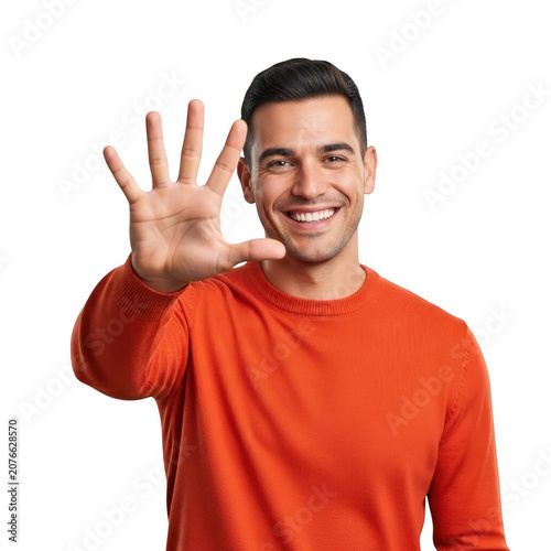 Man holding up five fingers isolated on transparent background