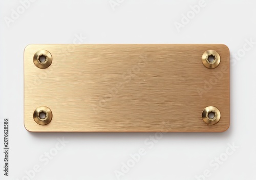 Blank Brass Plaque with Four Screws on White Background.