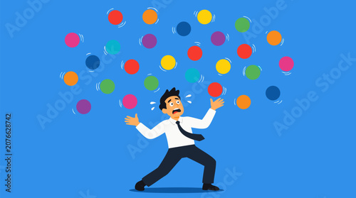 A frantic man juggling far too many spinning colorful balls high in the air at once, a clean flat vector illustration ideal for multitasking and overload concepts in business and lifestyle presentatio