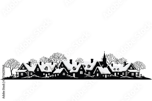 Obraz na plátně Winter village silhouette against a white background